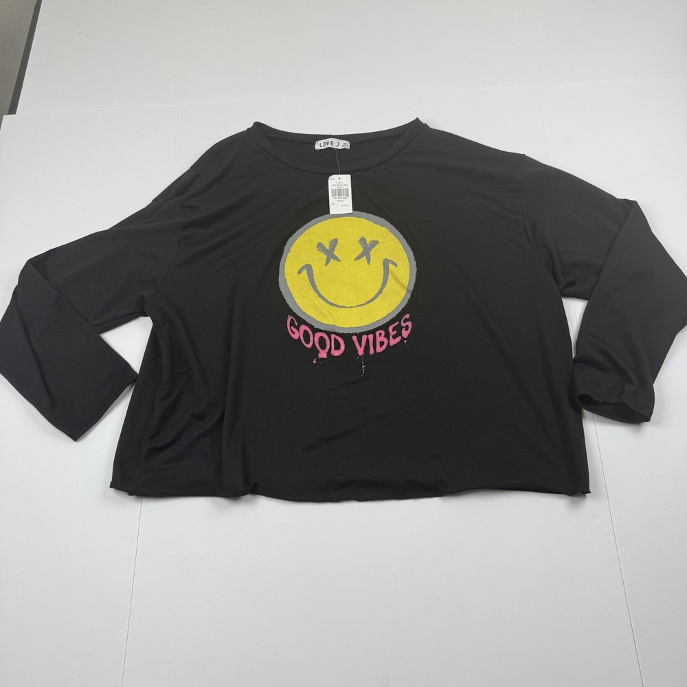 Love J Shirt Womens 3X Good Vibes Smile Face Long Sleeve Plus Size Crop Tee